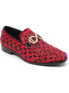Metrocharm Men's Red Black Velvet Woven Pattern Loafers Gold Buckle Luxury Shoes